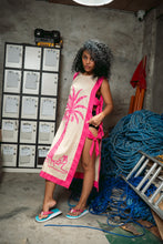 Load image into Gallery viewer, Agatha Side-tie Cover Up - Beige w/ Fuschia Border