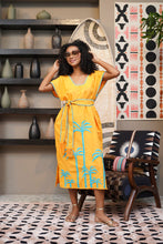 Load image into Gallery viewer, Papiya Caftan - Yellow with Aqua Palms