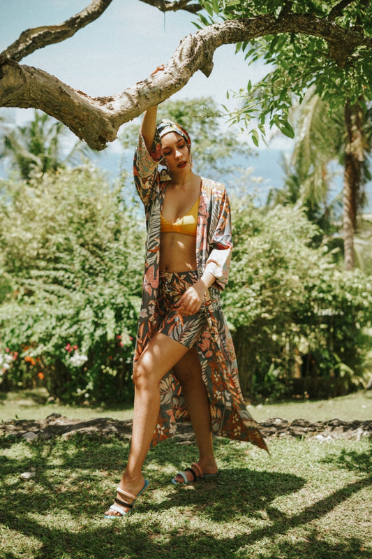 Johari Kimono + Shorts Set - Grey Foliage