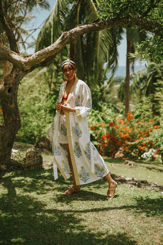 Johari Kimono + Shorts Set - Yellow Mums & Stripes