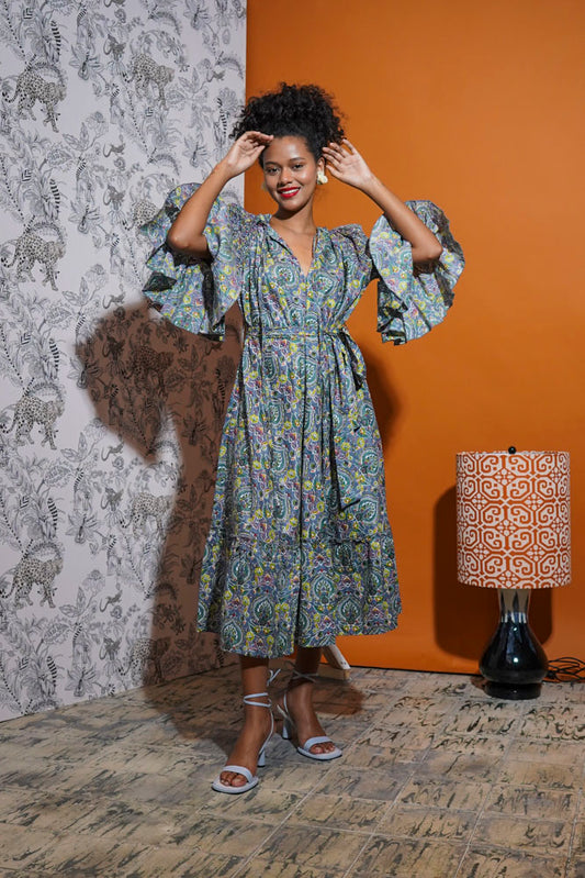 Pimenton Bell Sleeve Dress (Ocean)