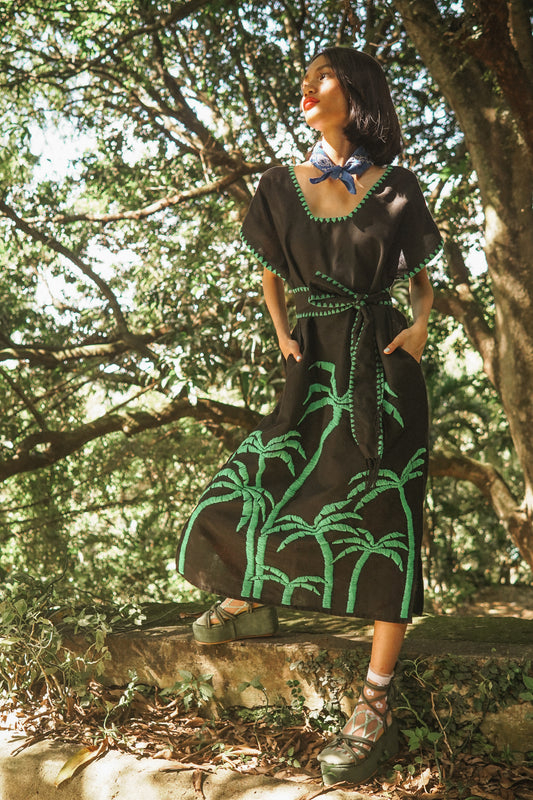 Papiya Caftan - Black with Green Palms