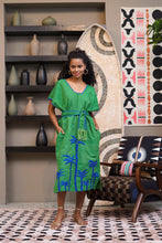 Load image into Gallery viewer, Papiya Caftan - Green with Blue Palms