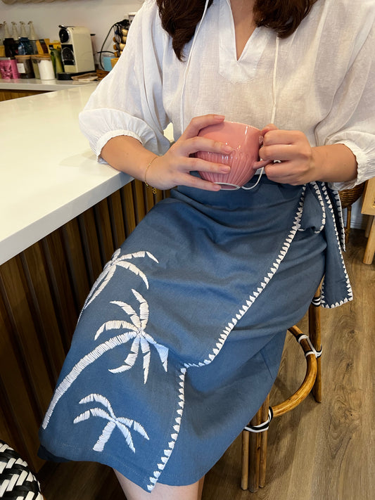 Papiya Wrap Skirt - Blue with White Palms