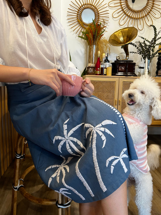 Papiya Wrap Skirt - Chambray with White Palms