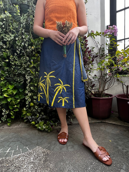 Papiya Wrap Skirt - Blue with Yellow Palms