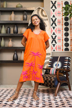 Load image into Gallery viewer, Papiya Caftan - Orange with Fuchsia Palms
