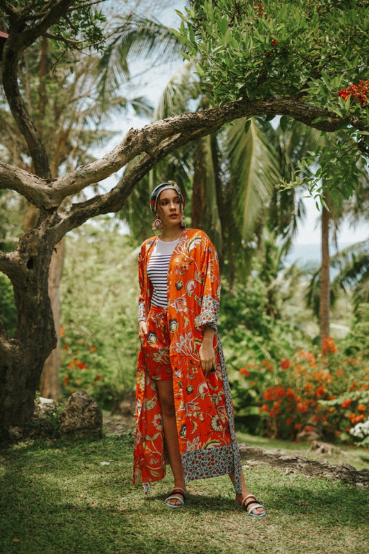 Johari Kimono + Shorts Set - Orange Flora