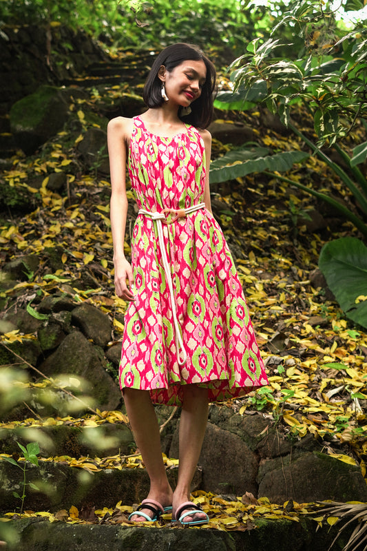 Cosana Multiway Tie Strap Sundress - Pink/Green Ikat