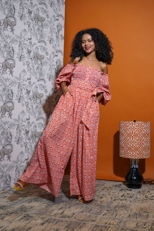 Pasilla Peasant Sleeve Jumpsuit (Grapefruit)