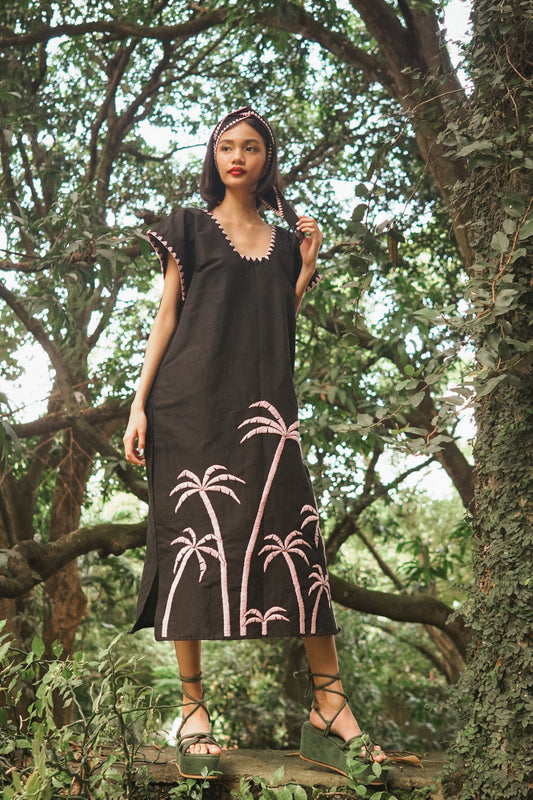 Papiya Caftan - Black with Pink Palms