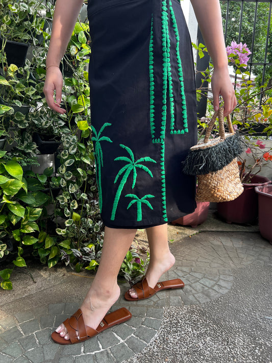 Papiya Wrap Skirt - Black with Green Palms