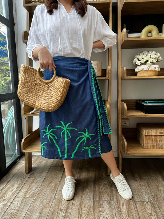 Papiya Wrap Skirt - Blue with Green Palms