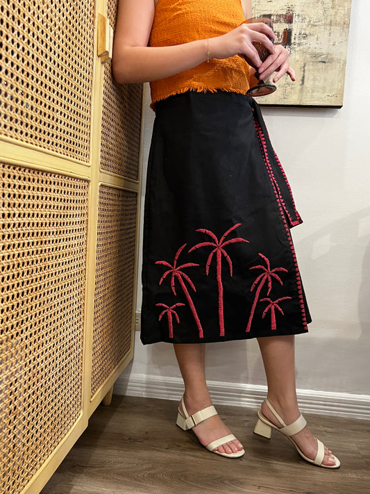 Papiya Wrap Skirt - Black with Pink Palms